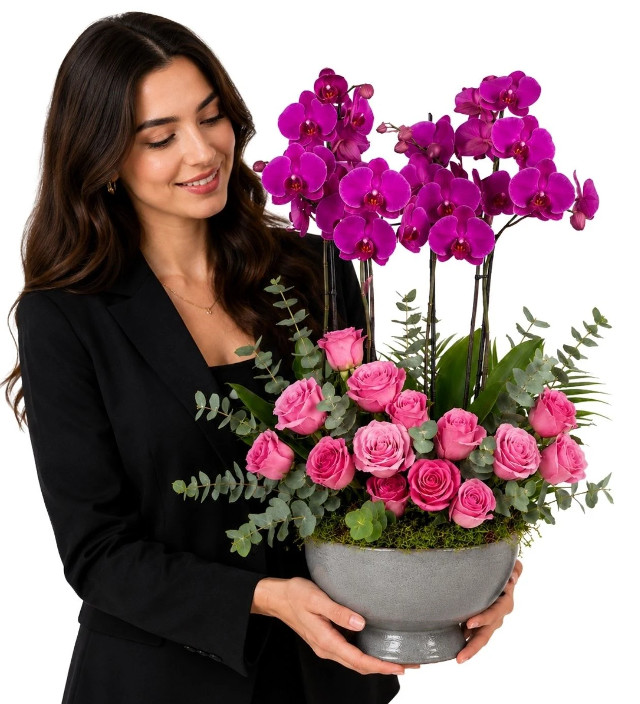 Aşkın İhtişamı 4 Dal Mor Orkide ve Pembe Gül