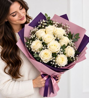 beyaz gül buketi, doğum günü çiçeği, yıldönümü çiçeği