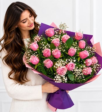 pembe gül buketi,hızlı çiçek, taze çiçek