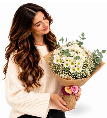 saf bahar hasır ambalajlı papatya buketi, çiçek siparişi, Lilya Rose